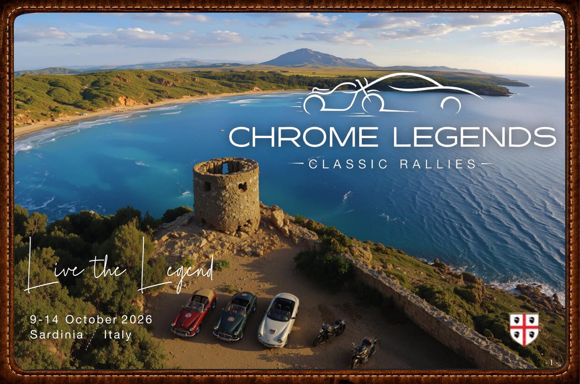 Chrome Legends Classic Rallies — cover page. Live the Legend. 9–14 October 2026, Sardinia, Italy.