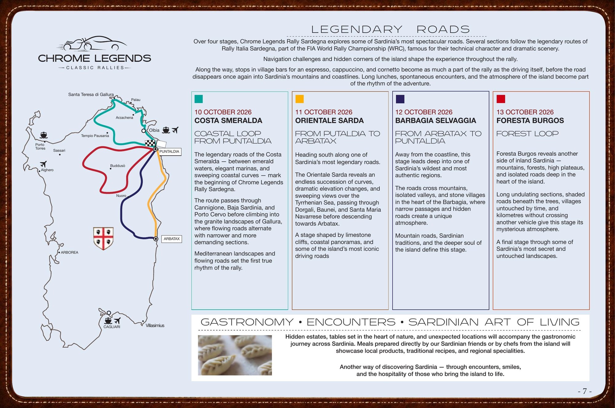 Legendary Roads — the four stages of the rally: Costa Smeralda, Orientale Sarda, Barbagia Selvaggia, and Foresta Burgos.